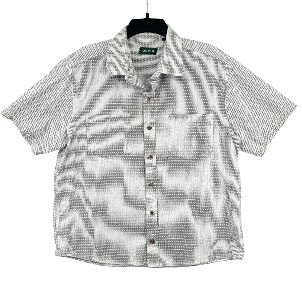 Orvis‎ Short Sleeve Button Up Shirt Size L Tan White Textured Coastal Summer